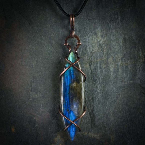 Labradorite Marquise Wire Wrapped Pendant B - Picture 1 of 2